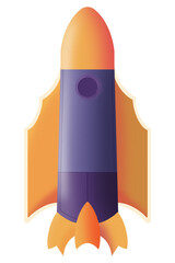 Cartoon 3D style space rocket. Illustration of minimalistic purple Spaceship with orange wings on transparent background. PNG sci-fi element for space theme creativity or World UFO Day.