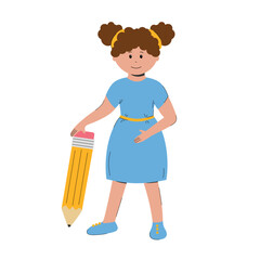 flat illustration a girl in a blue dress holds a pencil with a pink eraser on top