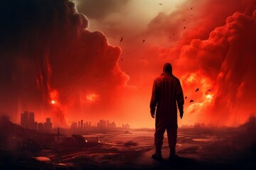 Fototapeta premium Man apocalypse city. Generate Ai