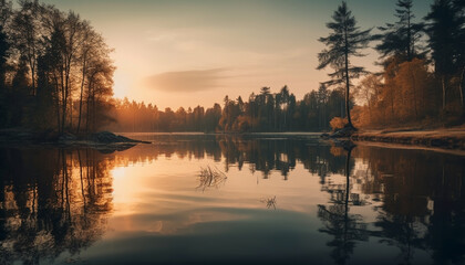 Fototapeta premium Tranquil scene of sunlit pond in autumn generated by AI