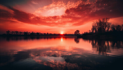 Vibrant sunset reflects in tranquil water scene generated by AI