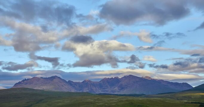 Time Lapse of mountain range at dusk, Isle of Skye, Scotland, United Kingdom