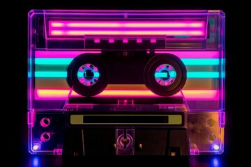 Fototapeta na wymiar Music cassette neon light. Generate Ai