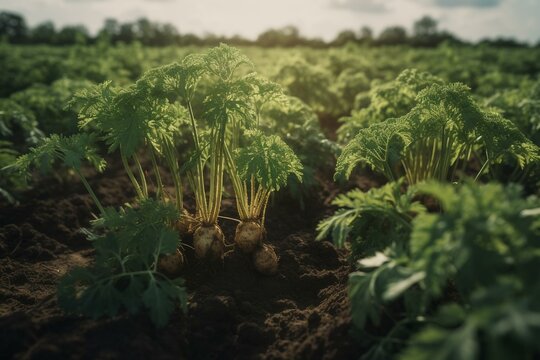 Parsnips growing in a farm land. Generative AI