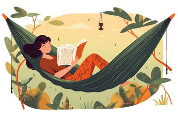 young female lying in hammock and reading book vector illustration. generative AI