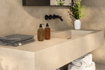 Chic bathroom setup with soap dispensers, towels, plant, black-framed mirror, pendant light, and beige walls. Ideal for showcasing your products in a stylish and modern setting. 3d rendering	