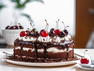 Black forest cake, dark chocolate and cherry dessert. Generative AI