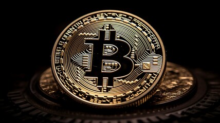 Bitcoin Coin Image, Gold Bitcoin coins are scattered over a background of black velvet. AI generation