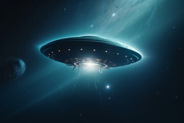 Fototapeta na wymiar UFO flying amongst stars on blue backdrop with blank area. Generative AI