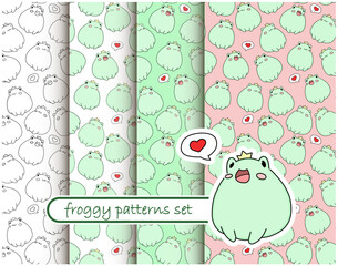 Set of seamless backgrounds. Lovely frogs. Cartoon characters. Love and friendship. Design for wrapping paper, textile and WEB.