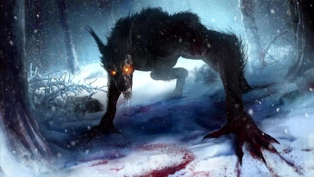 sinister werewolf, bared his bloody teeth, is on all fours, in the shadow of the winter forest with glowing eyes, he is wounded in a fight with the dead warriors around. clean looped 2d animated art