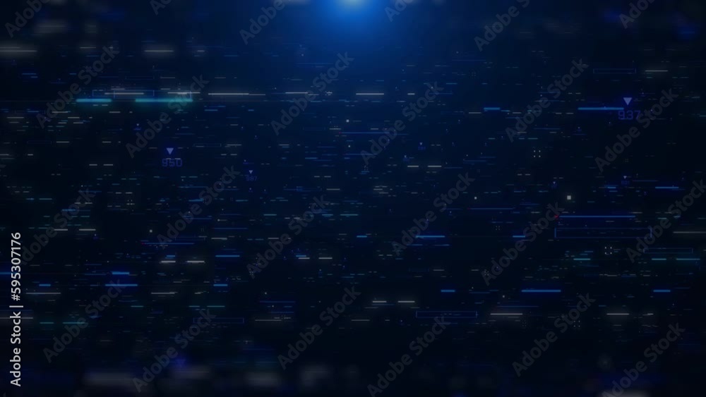 Poster Abstract digital geometric shape particles flickering fly through the future concept background. Blue technology futuristic data connection analysis de-focus, blur structure 4K motion.