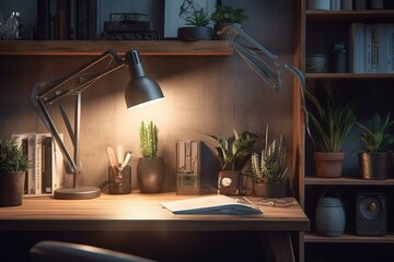 Computer, bookshelf, lamp, and plants in a workspace. Rendered. Generative AI