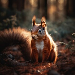 Fototapeta premium Close-up of a curious squirrel in the forest. Generative AI illustration.