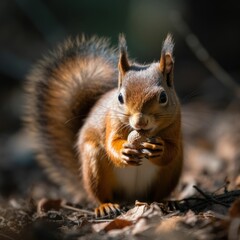 Naklejka na ściany i meble Close-up of a cute red squirrel eating nut. Generative AI illustration. 