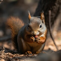 Naklejka na ściany i meble Close-up of a cute red squirrel eating nut. Generative AI illustration. 