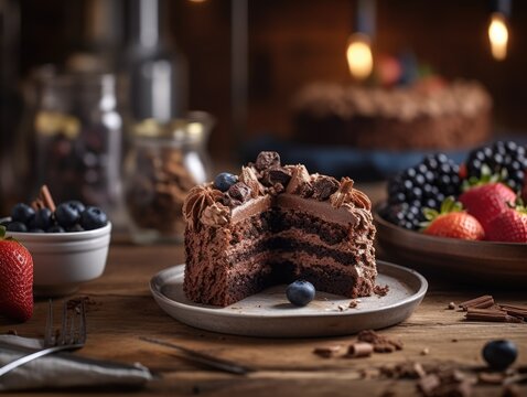 tasty homemade chocolate cake on table. Generative AI