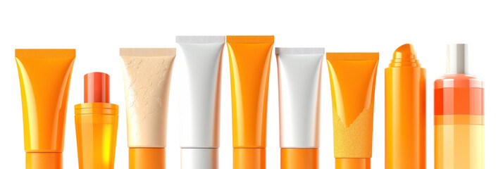 Cosmetics containers variation. Sunscreen tubes and bottles isolated on transparent background, PNG, Generative AI