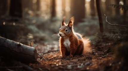 Close-up of a cute red squirrel curiously peeking in the forest. Generative AI illustration. © Tuyres