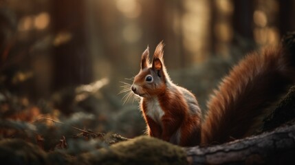 Naklejka na ściany i meble Close-up of a curious red squirrel looking at the camera. Generative AI illustration.