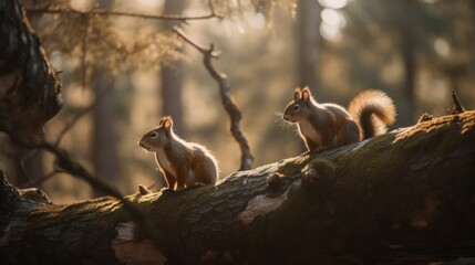 Two cute squirrels on the branch of a tree in the woods. Generative AI illustration