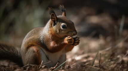 Close-up of an adorable squirrel eating a nut. Generative AI illustration.