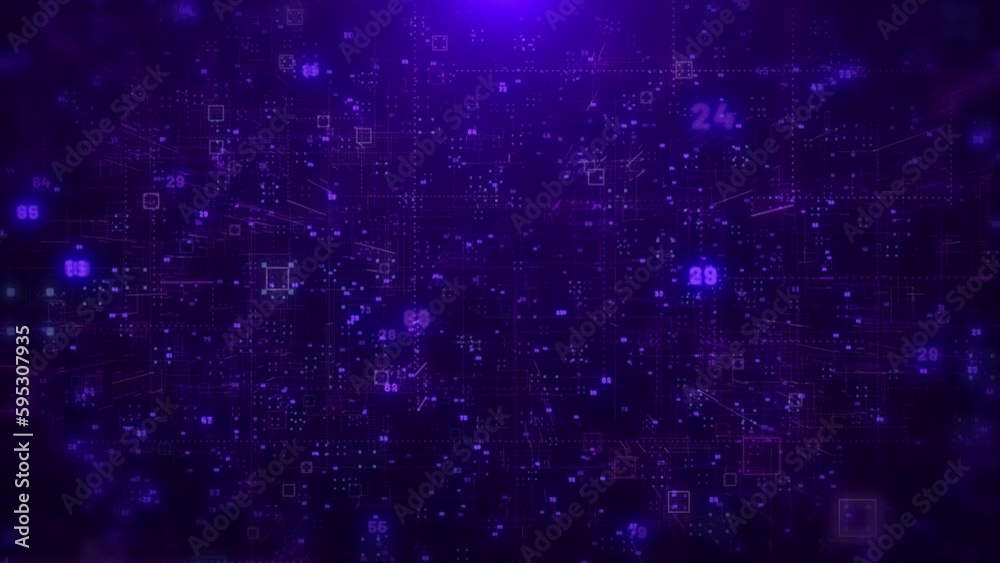 Fototapete Abstract digital big data structure futuristic network connection technology 4K motion. Abstract basic geometric shape with binary number code purple color background.
