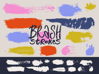 Brush strokes colorful. Set of paintbrush, brush strokes templates. Vector grunge design elements. Long text boxes. Handmade dirty distress texture banners. Grungy painted colorful, white objects.