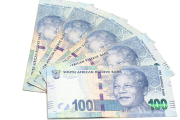 South African money 100 rand banknotes.