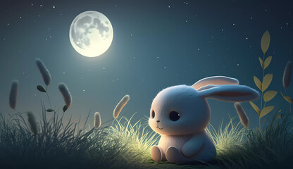 Obraz na płótnie Canvas A cute rabbit sitting on the grass under the stars 