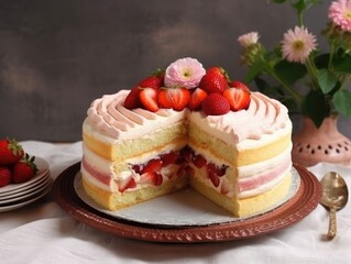 Obraz na płótnie Canvas Strawberry sponge cake with fresh strawberries. Generative AI