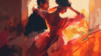 a beautiful vibrant color illustration of a couple dancing flamenco