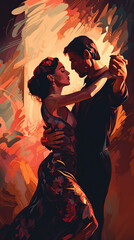 a beautiful vibrant color illustration of a couple dancing flamenco