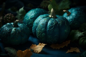 Fototapeta na wymiar Blue-green pumpkin autumn pattern with leaves, twigs, and balls on dark background for Halloween. Generative AI