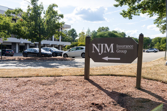 NJM Insurance Group sign at its office in Parsippany, NJ, USA, August 16, 2022. NJM Insurance Group is an American mutual insurance group of companies.