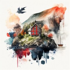 Traditional norwegian landscape in watercolor style by Generative AI