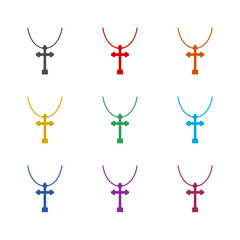 Christian cross on chain icon isolated on white background. Set icons colorful
