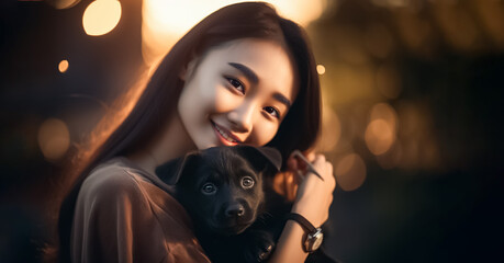 Adorable asian woman cuddles a cute black puppy in her arms, radiating joy and love in this heartwarming moment. generative AI