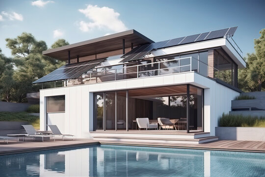 Modern houses and swimming pools with solar energy. AI technology generated image