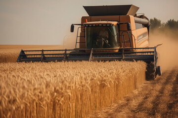 Naklejka premium The combine harvester is harvesting wheat. AI technology generated image