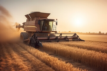Fototapeta premium The combine harvester is harvesting wheat. AI technology generated image