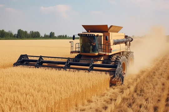 The combine harvester is harvesting wheat. AI technology generated image