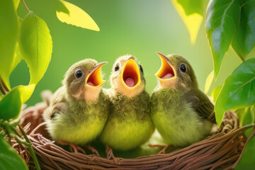 Baby birds with wide open mouth in the nest close-up. Sunny day, defocused background. Generative AI - 595311173