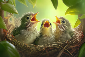 Three hungry baby birds in the nest close-up. Sunny day, defocused background. Generative AI - 595311183