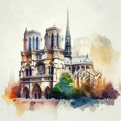 Notre-Dame de Paris in watercolor style by Generative AI - obrazy, fototapety, plakaty