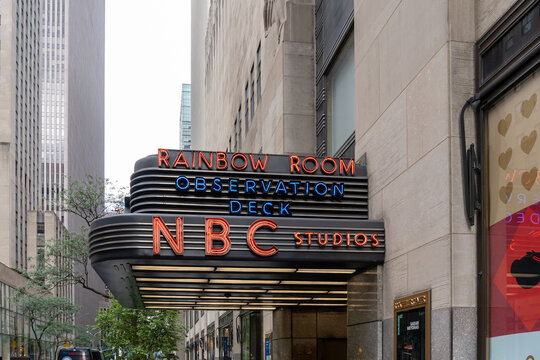 The Rainbow Room, Observation Deck and NBC Studios sign on the Building in New York City, NY, USA, August 21, 2022.