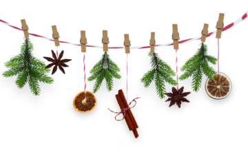 home-made dried spices decoration for christmas time isolated on transparent background overlay