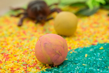 Summer in the meadow. A child plays with beetles on colorful rice filled with artificial blooming flowers. Sensory therapy. Montessori type preschool activities at home.