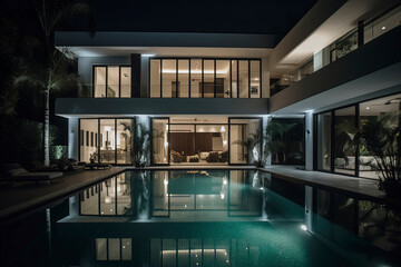 Fototapeta na wymiar Bright and luxurious villas and swimming pools at night. AI technology generated image