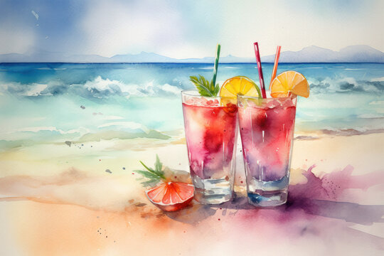 Two colourful cocktails on a summer beach watercolour painting. Generative AI